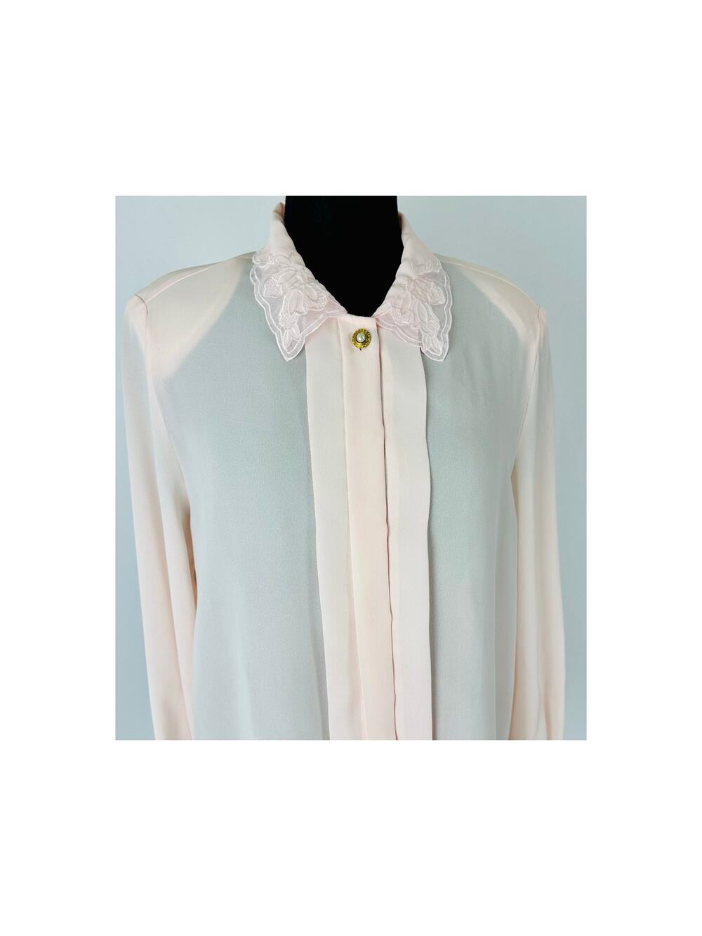 Vintage Sheer Pink Lace Embroidered Collar Shirt Blouse Size 10 Medium Romantic
